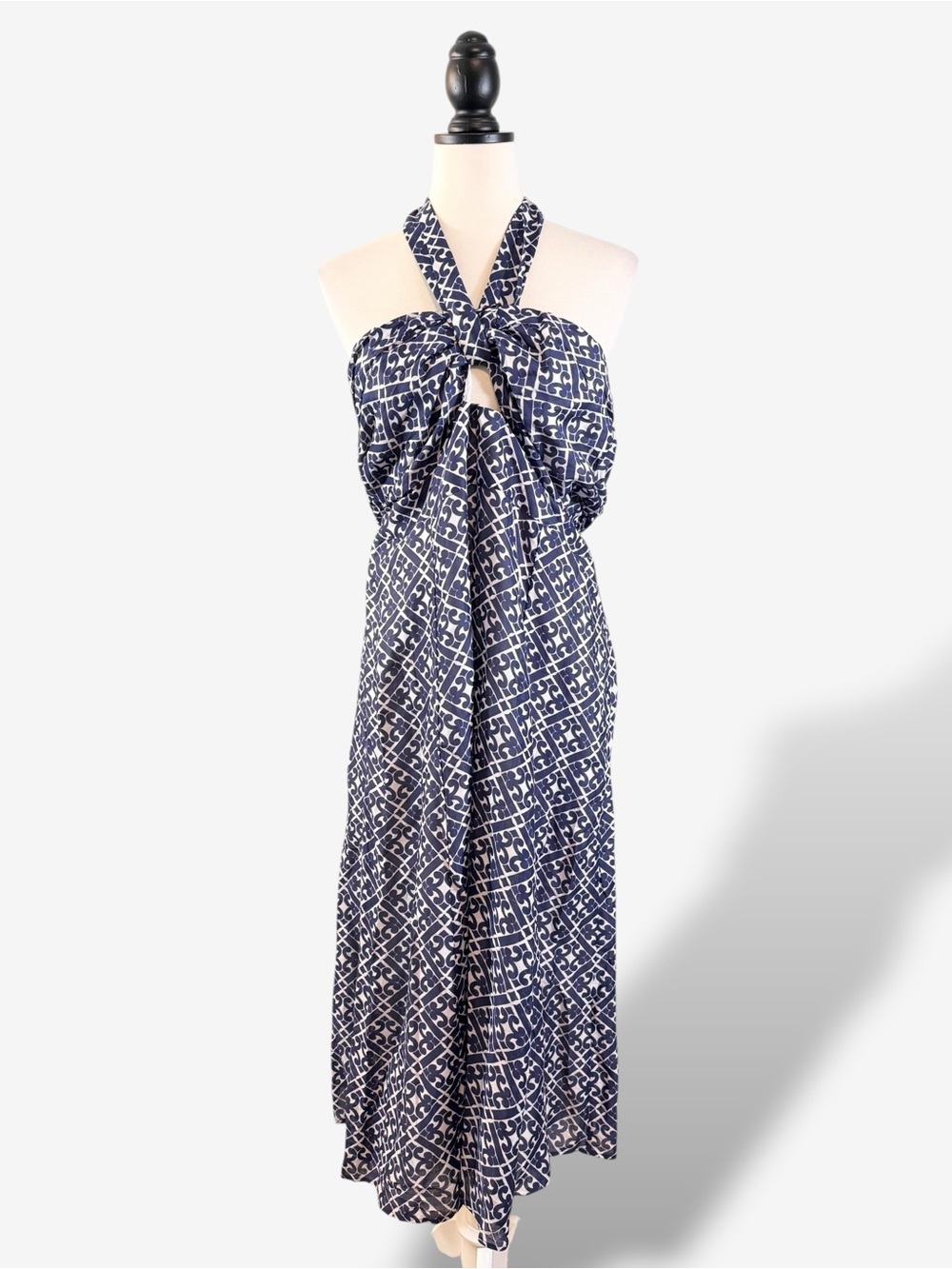 Boden Halter Midi Dress Size US 16-18 Blue Geo Print Pockets Casual Coastal